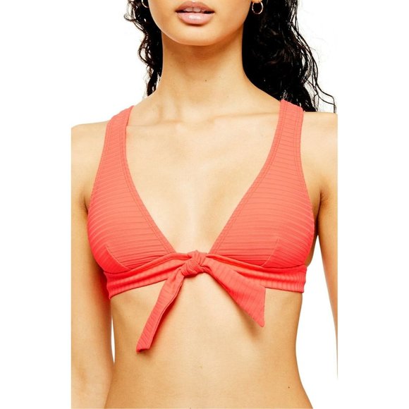 TOPSHOP Bikini Top Size 10 Womens Ribbed in Neon Pink Faux Tie Front - Picture 1 of 9